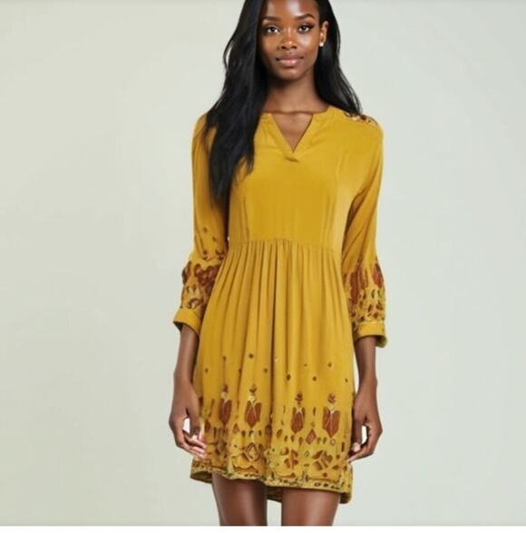 beachlunchlounge Dresses & Skirts - Womens S Boho Long Sleeve Dress Embroidered V Neck Gold Mustard Yellow Hippie